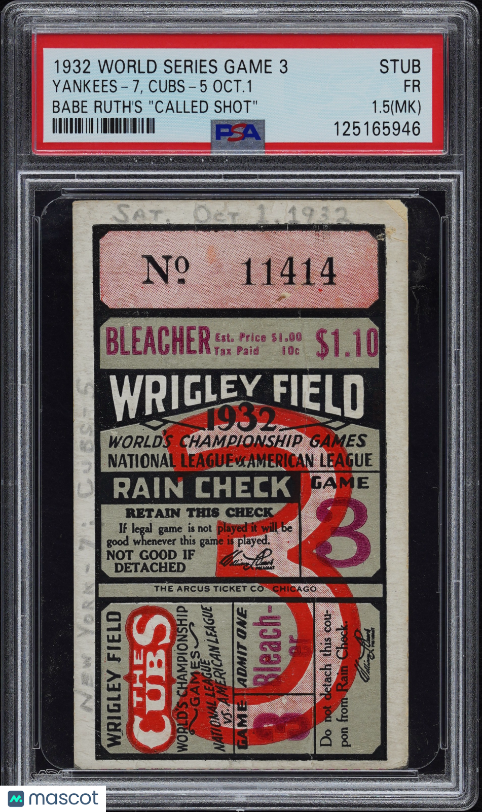 1932 World Series GM.3 Babe Ruth's "called Shot" PSA 1.5