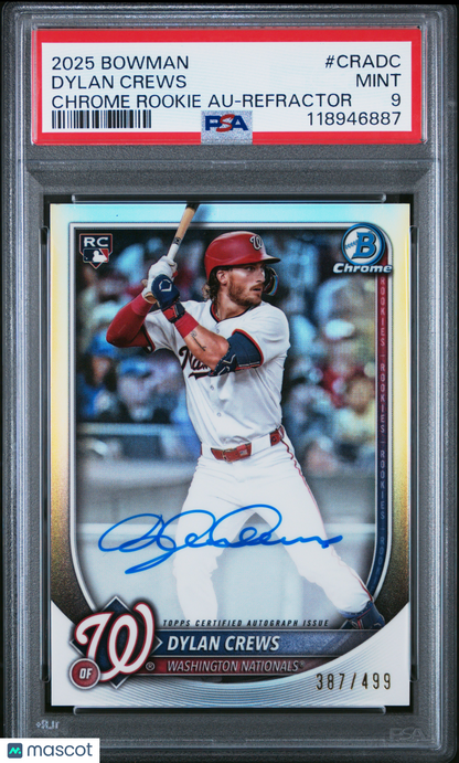 2025 Bowman Chrome Rookie Autographs Dylan Crews Refractor 387/499 PSA 9