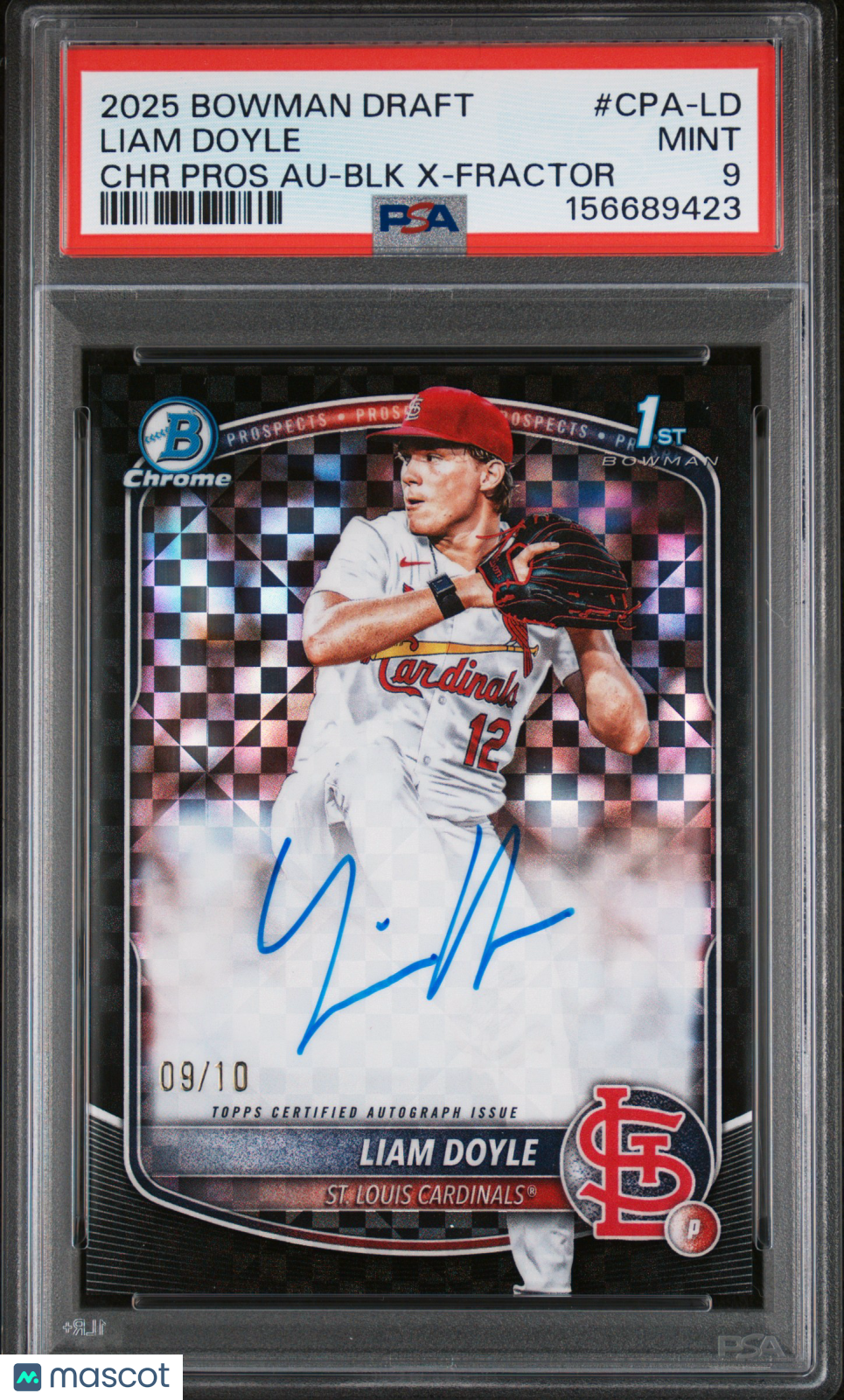 2025 Bowman Draft Chrome Prospect Autographs Liam Doyle BLK X Fractor /10 PSA 9