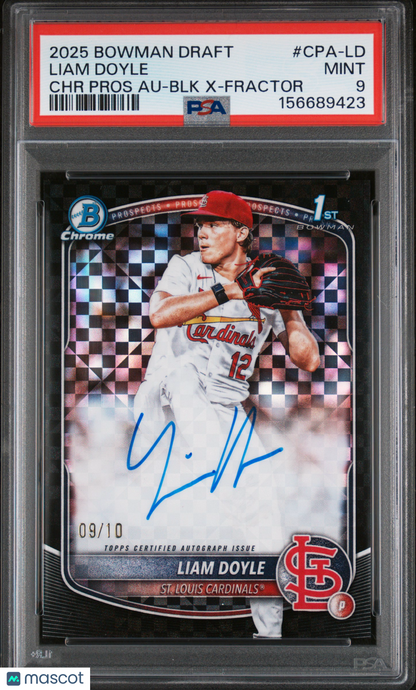 2025 Bowman Draft Chrome Prospect Autographs Liam Doyle BLK X Fractor /10 PSA 9
