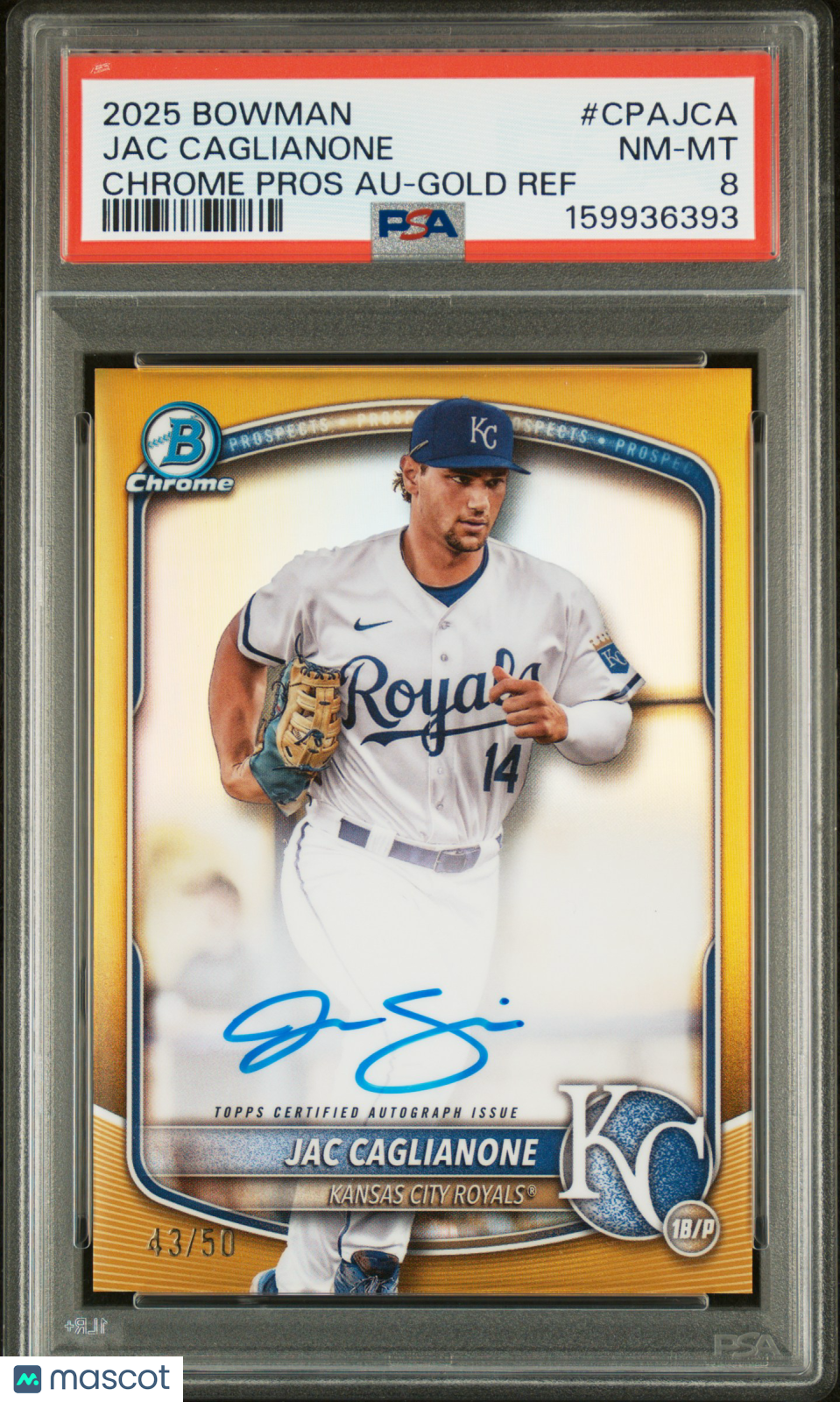 2025 Bowman Chrome Prospect Autographs Jac Caglianone Gold Ref 43/50 PSA 8