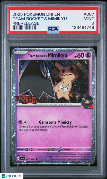2025 Pokemon Dri EN-Destined Rivals Team Rocket's Mimikyu Prerelease PSA 9